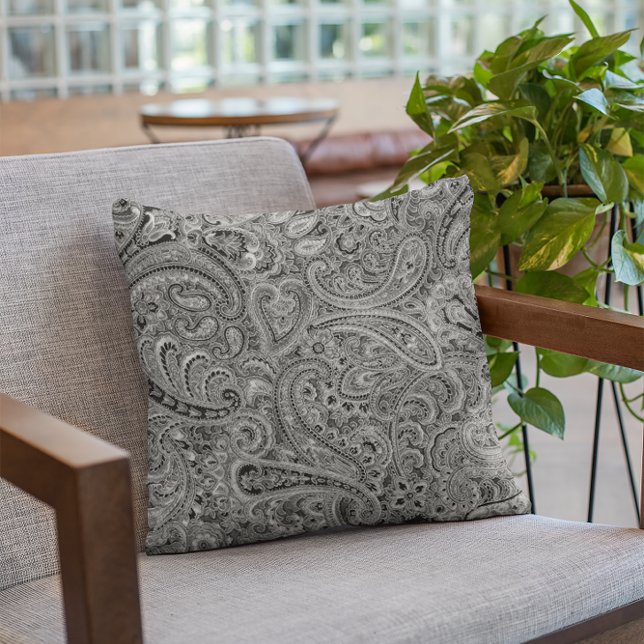 Zwart en Grijs Bloemen Paisley Patroon Kussen (Creator heeft geüpload)