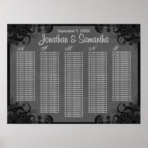 Zwart en Grijs Bloemen Tafel Zitkaarten Poster