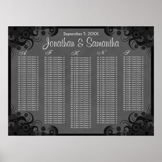 Zwart en Grijs Bloemen Tafel Zitkaarten Poster (Voorkant)