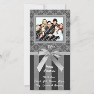 Zwart en grijs Damask Silver Ribbon Fotokaart Feestdagenkaart