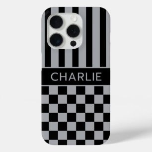Zwart en grijs geruit gestreept gepersonaliseerd iPhone 15 pro case