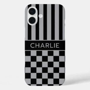 Zwart en grijs geruit gestreept gepersonaliseerd iPhone 16 plus hoesje