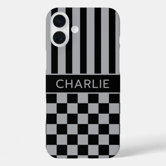 Zwart en grijs geruit gestreept gepersonaliseerd Case-Mate iPhone case (Achterkant)