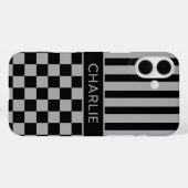 Zwart en grijs geruit gestreept gepersonaliseerd Case-Mate iPhone case (Achterkant (horizontaal))