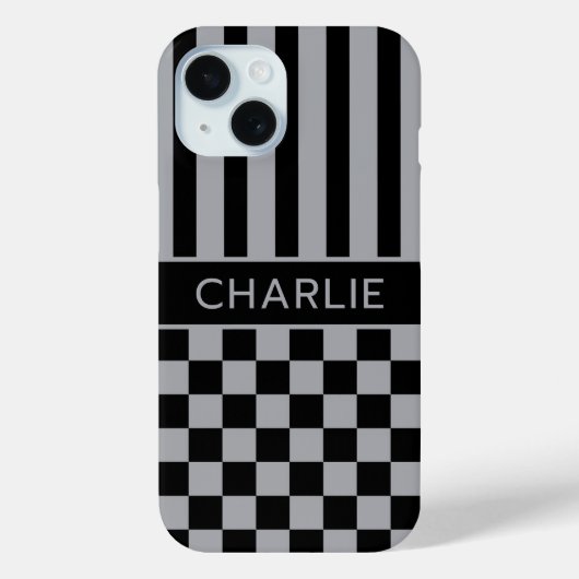 Zwart en grijs geruit gestreept gepersonaliseerd Case-Mate iPhone case (Achterkant)