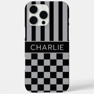 Zwart en grijs geruit gestreept gepersonaliseerd iPhone 16 pro max hoesje