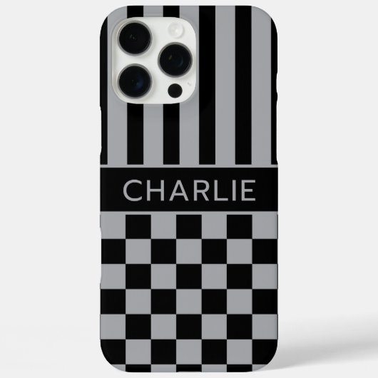 Zwart en grijs geruit gestreept gepersonaliseerd Case-Mate iPhone case (Achterkant)