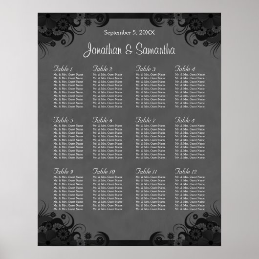 Zwart en Grijs Gothic Bruiloft 12 Tafel Zitgrafiek Poster (Voorkant)