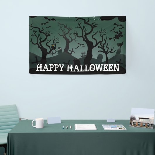 Zwart en grijs kerkhof, spooky bomen Halloween Spandoek (Beurs)