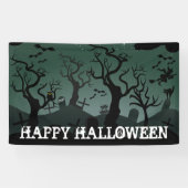 Zwart en grijs kerkhof, spooky bomen Halloween Spandoek (Horizontaal)