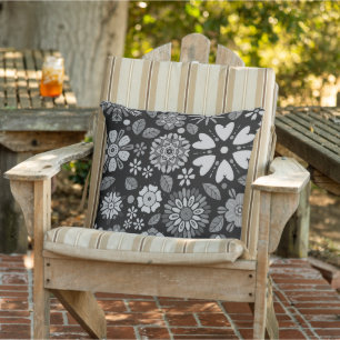 Zwart en grijs Retro Floral Art Naadloos Patroon Buitenkussen