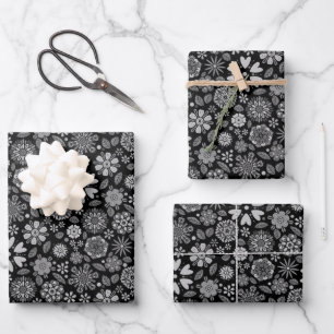 Zwart en grijs Retro Floral Art Naadloos Patroon Inpakpapier Vel