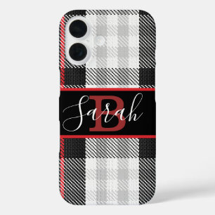 Zwart en Grijs Tartan Checkered Rood lettertype iPhone 16 Hoesje