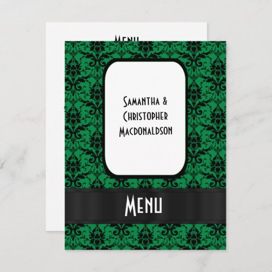 Zwart en groen damast formeel huwelijksmenu kaart (Voorkant / Achterkant)