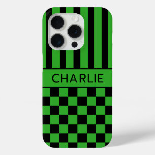 Zwart en groen geruit gestreept gepersonaliseerd iPhone 15 pro case