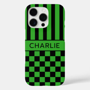 Zwart en groen geruit gestreept gepersonaliseerd iPhone 16 pro hoesje