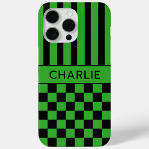 Zwart en groen geruit gestreept gepersonaliseerd iPhone 15 pro max hoesje