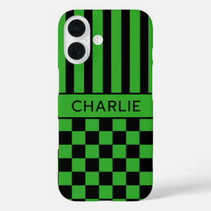 Zwart en groen geruit gestreept gepersonaliseerd iPhone 16 hoesje
