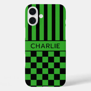 Zwart en groen geruit gestreept gepersonaliseerd iPhone 16 plus hoesje