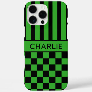 Zwart en groen geruit gestreept gepersonaliseerd iPhone 16 pro max hoesje
