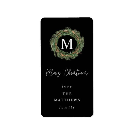 Zwart en groot monogram prettig kerstlabel etiket (Voorkant)