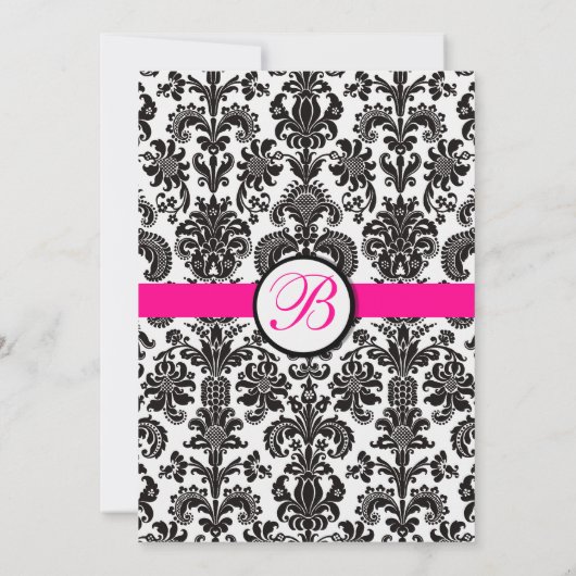 Zwart en Heet Roze Damast Bruiloft Uitnodiging (Achterkant)