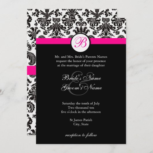 Zwart en Heet Roze Damast Bruiloft Uitnodiging (Voorkant / Achterkant)