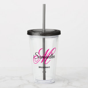 Zwart en heet roze fancy monogram bruidsmeisje acryl drinkbeker