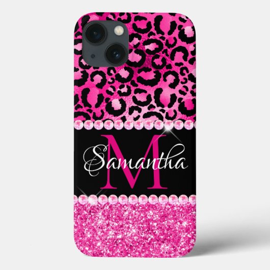 Zwart en heet roze luipaardvlek glamour monogram Case-Mate iPhone case (Achterkant)