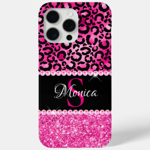 Zwart en heet roze luipaardvlek glamour monogram iPhone 15 pro max hoesje