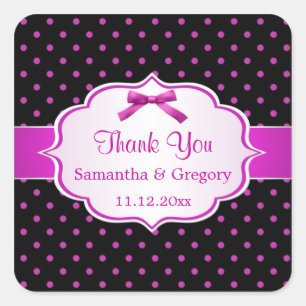 Zwart en heet roze polka dot Bruiloft Dank U Vierkante Sticker