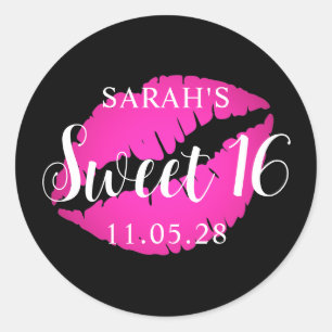 Zwart en Hot Pink Ombre Lipstick Sweet 16 Ronde Sticker