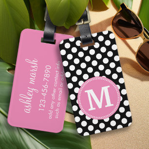 Zwart en Hot Pink Polka Dots Custom Monogram Bagagelabel