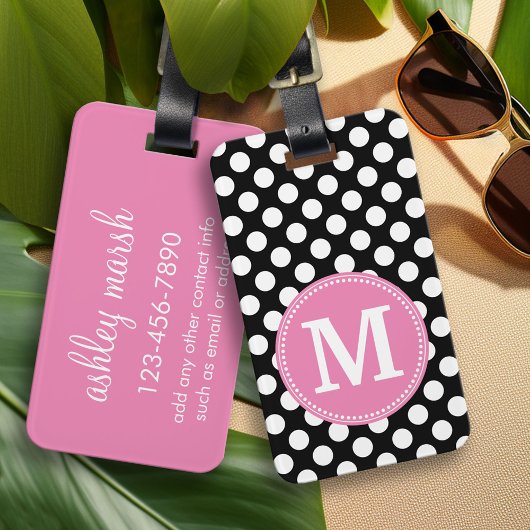 Zwart en Hot Pink Polka Dots Custom Monogram Bagagelabel