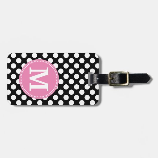 Zwart en Hot Pink Polka Dots Custom Monogram Bagagelabel (Voorkant horizontaal)