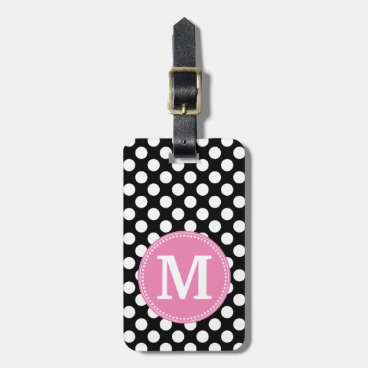 Zwart en Hot Pink Polka Dots Custom Monogram Bagagelabel (Voorkant verticaal)
