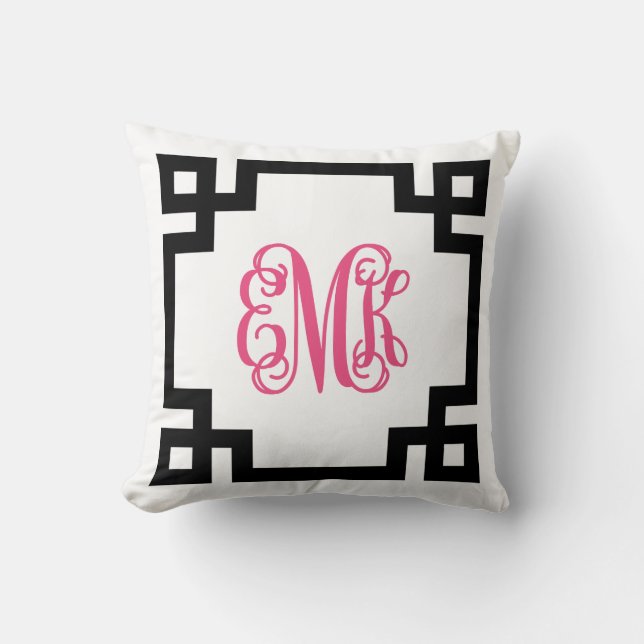 Zwart en Hot Roze Grieks Key Script Monogram Kussen (Voorkant)