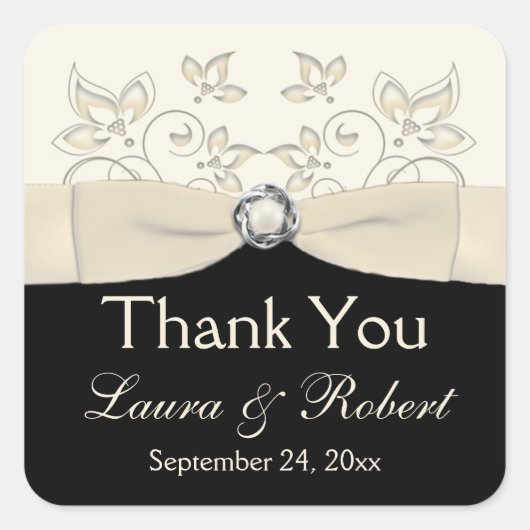 Zwart en Ivoor Bloemen Dank u Sticker (Voorkant)