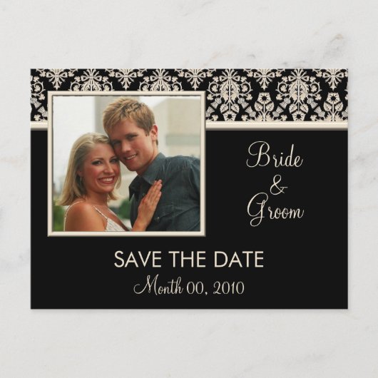 Zwart en Ivoor Damask Save the Date Briefkaarten (Voorkant)