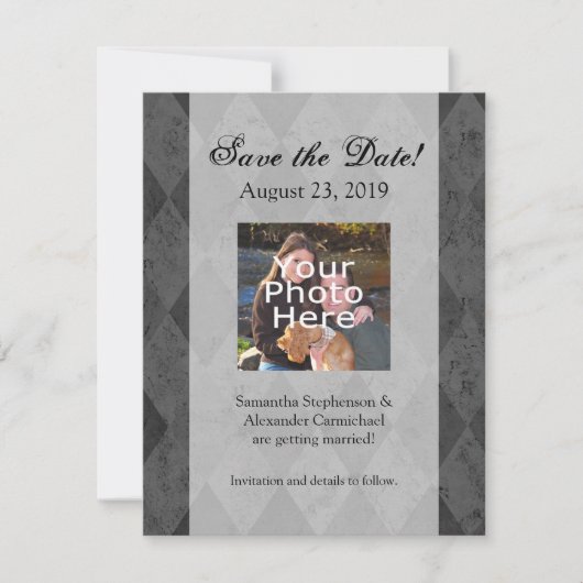Zwart en koolstof Harlequin met script Save The Date (Voorkant)