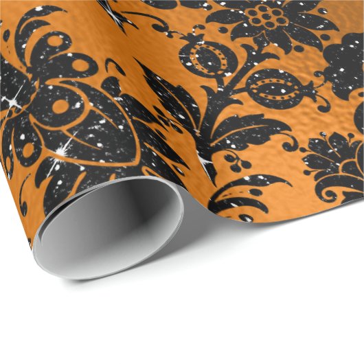 Zwart en koper Damaspatroon Cadeaupapier (Rol Hoek)
