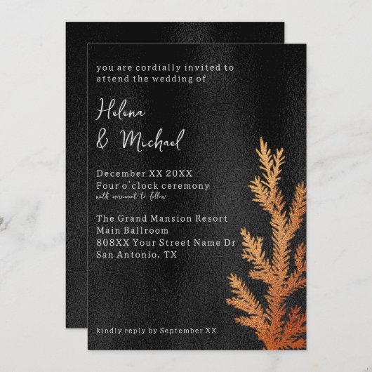 Zwart en Koper Winter Bruiloft Pine Branch Kaart (Voorkant / Achterkant)