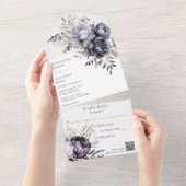 Zwart en Lavendel Bloemen QR Code All In One Uitnodiging (Afscheurbaar)