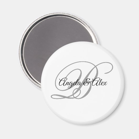 Zwart en licht grijs Fancy Script Monogram wit Magneet (Voorkant / Achterkant)