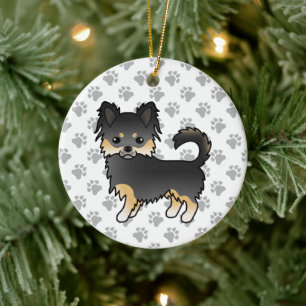 Zwart En Lichtbruin Langharige Chihuahua, Mooie Ho Keramisch Ornament