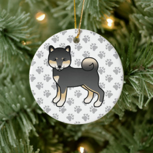 Zwart En Lichtbruin Shiba Inu Cartoonhond Illustra Keramisch Ornament