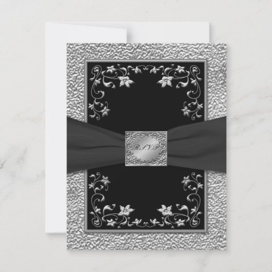 Zwart en loodgrijs bloemen RSVP kaart (Voorkant)