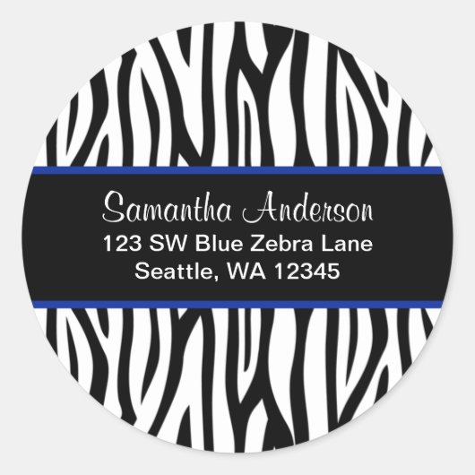 Zwart en marineblauw Zebra Aangepast adreslabel Ronde Sticker (Voorkant)