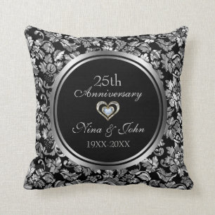 Zwart en metaalzilver 25th Wedding Jubileum Kussen