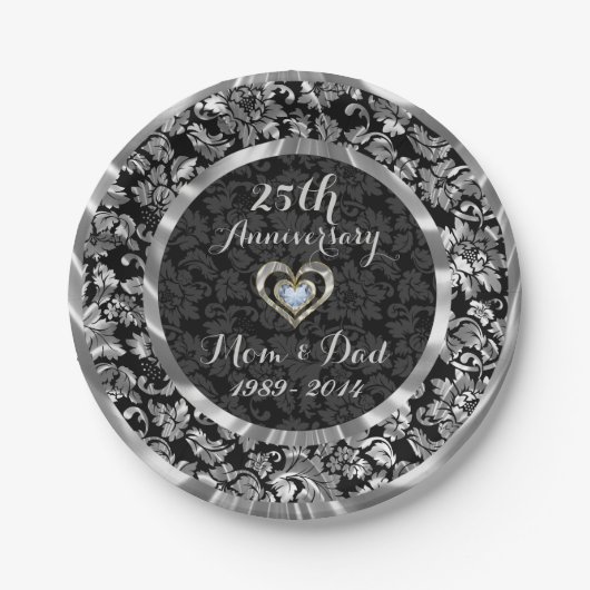 Zwart en metaalzilver 25th Wedding Jubileum Papieren Bordje (Voorkant)